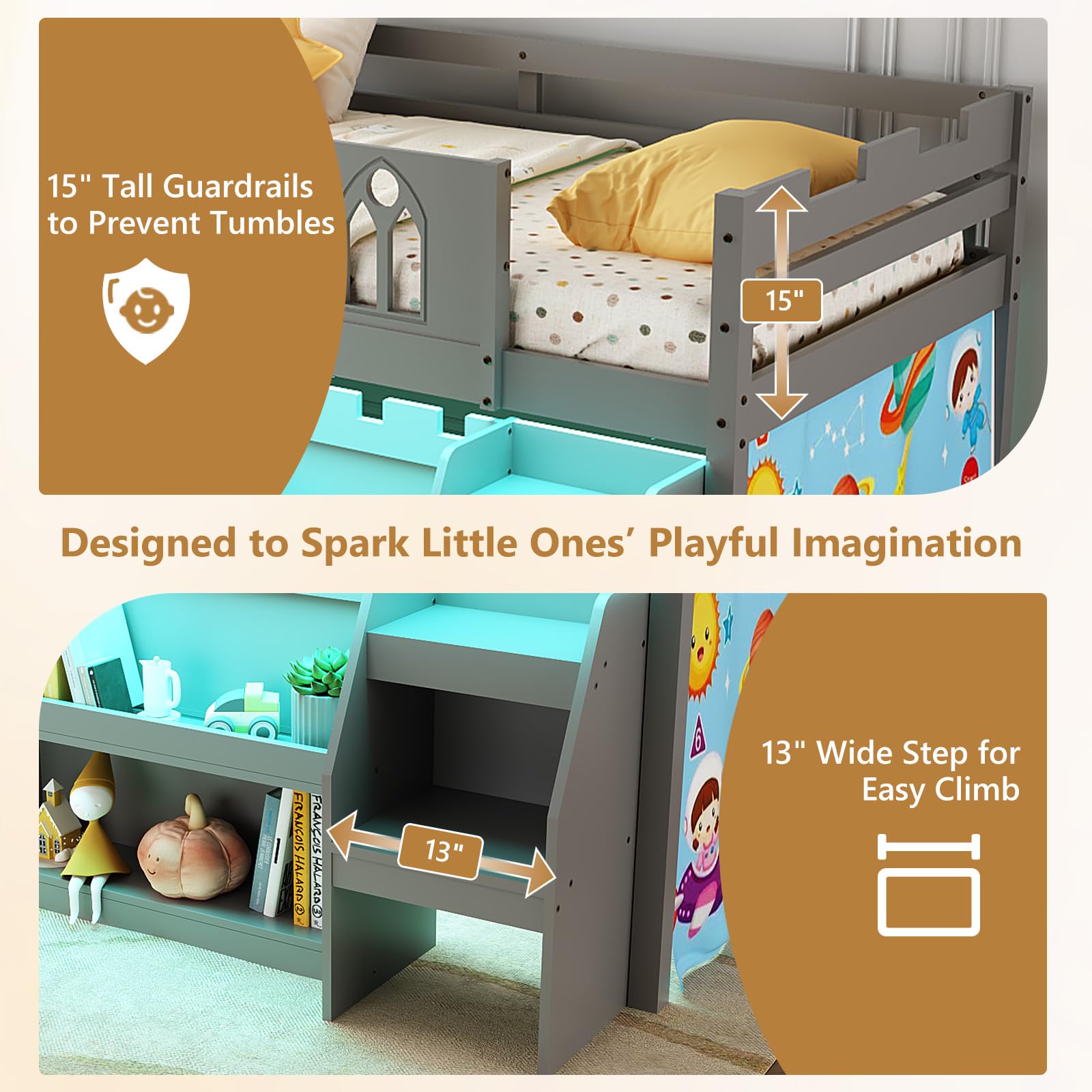 Twin Low Loft Bed with LED Lights & Storage