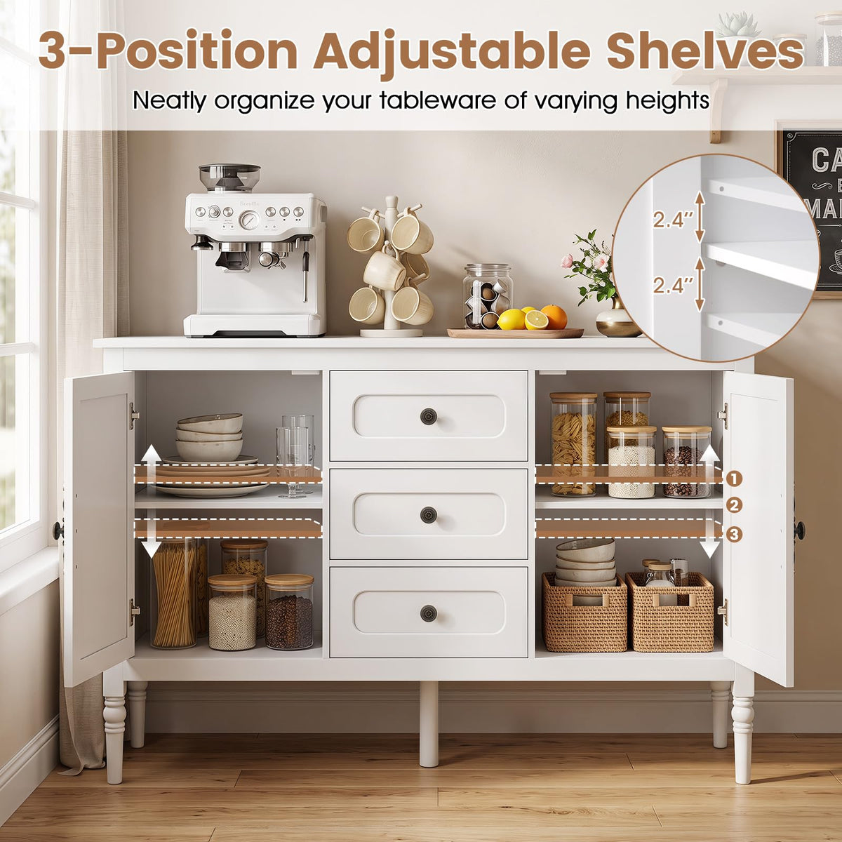 SILKYDRY Buffet Cabinet, 47" Vintage Sideboard w/Adjustable Shelves(White)