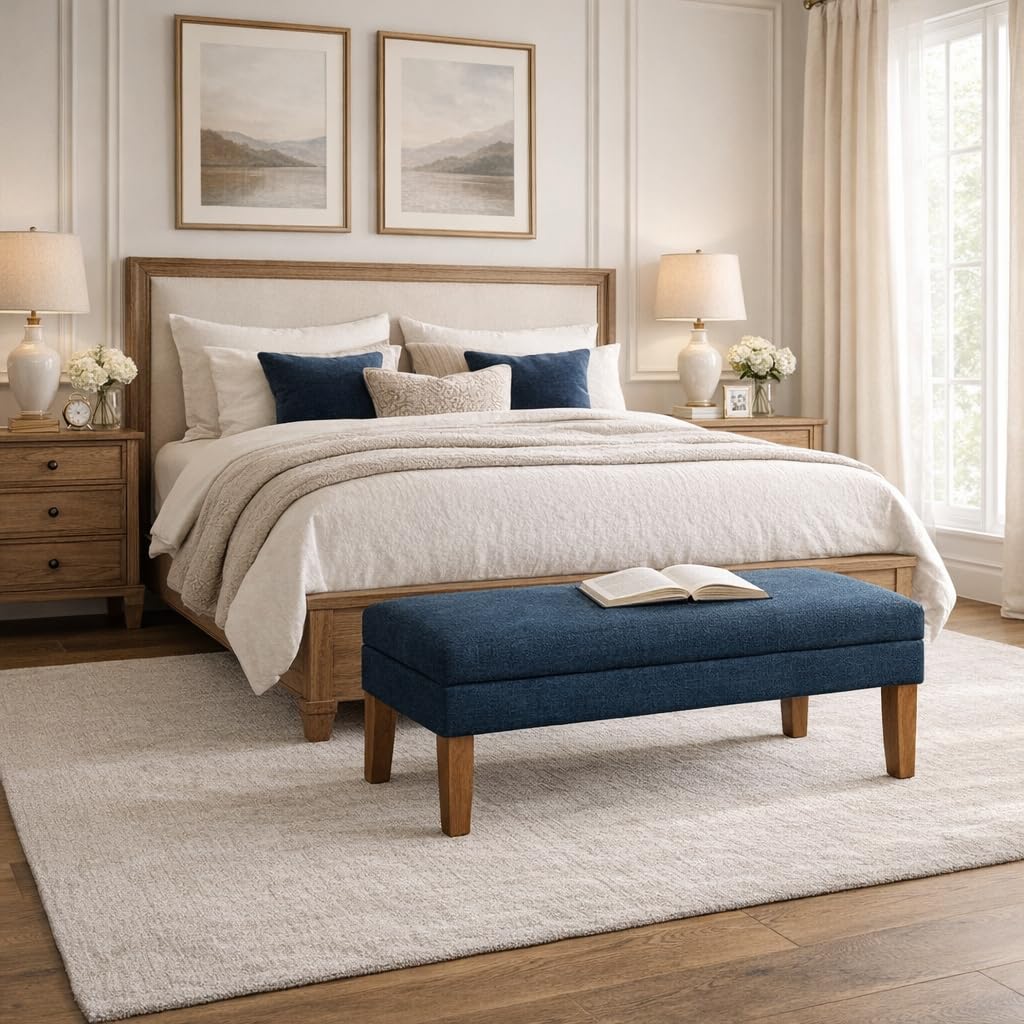 Navy Upholstered Storage Bench