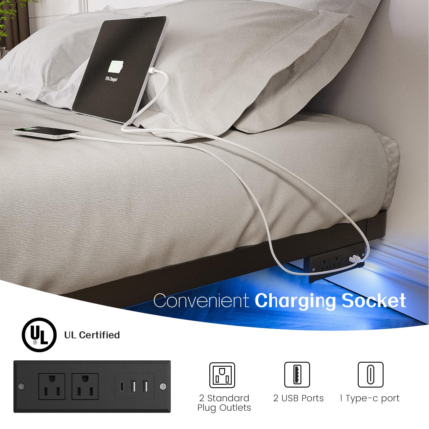 Floating Metal Platform Bed Frame with LED Lights & Charging Station