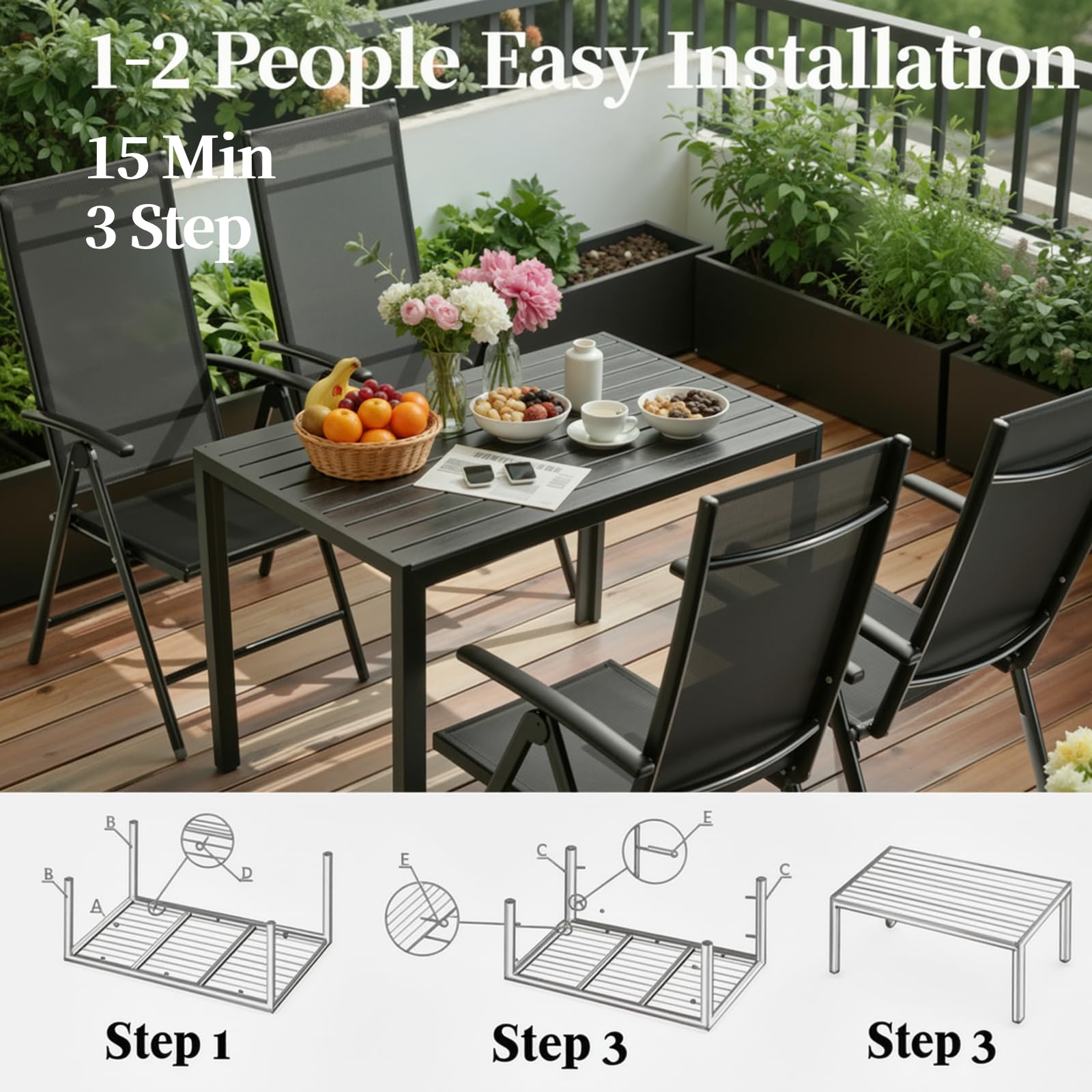 LIFERUN Outdoor Patio Table for 4-6 Person, 43×28in Rectangle Outdoor Dining Table with Wooden-Like Top and Aluminum Frame, Heat and Weather Resistant, Ideal for Garden, Patio, Poolside, Porch, Black