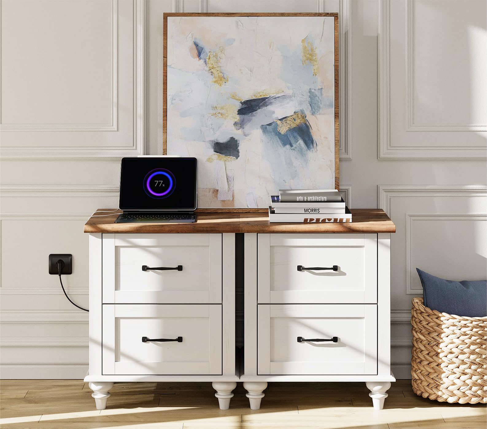 WAMPAT Side Tables Set of 2 Nightstands, Mid-Century End Table for Bedroom, Wooden Bedside Table with 2 Large Drawers, Solid Wood Leg Night Stand for Bedroom & Living Room, Off White