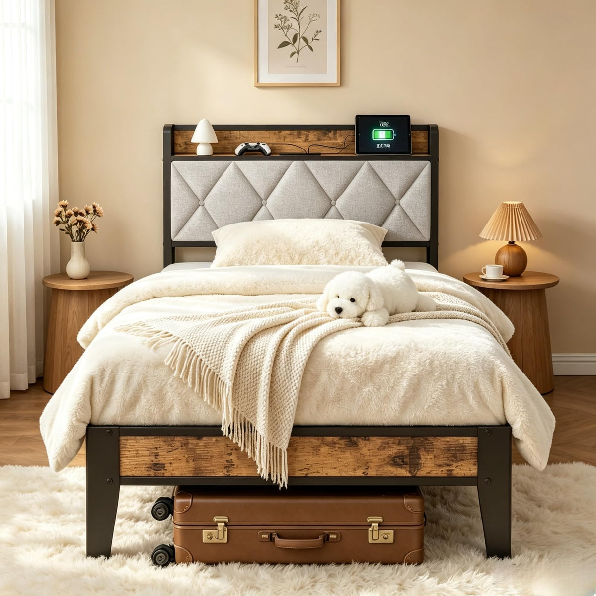 HAPPYMONT Twin Size Bed Frame, Headboard with Charging Plug