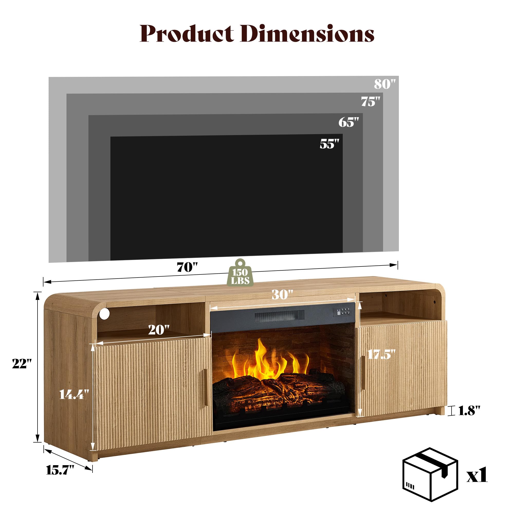 AMERLIFE 70" Fluted Fireplace TV Stand for TVs Up to 80", Modern TV Console with 30" Electric Fireplace & Storage Cabinets, Media Entertainment Center for Living Room, Natural Oak