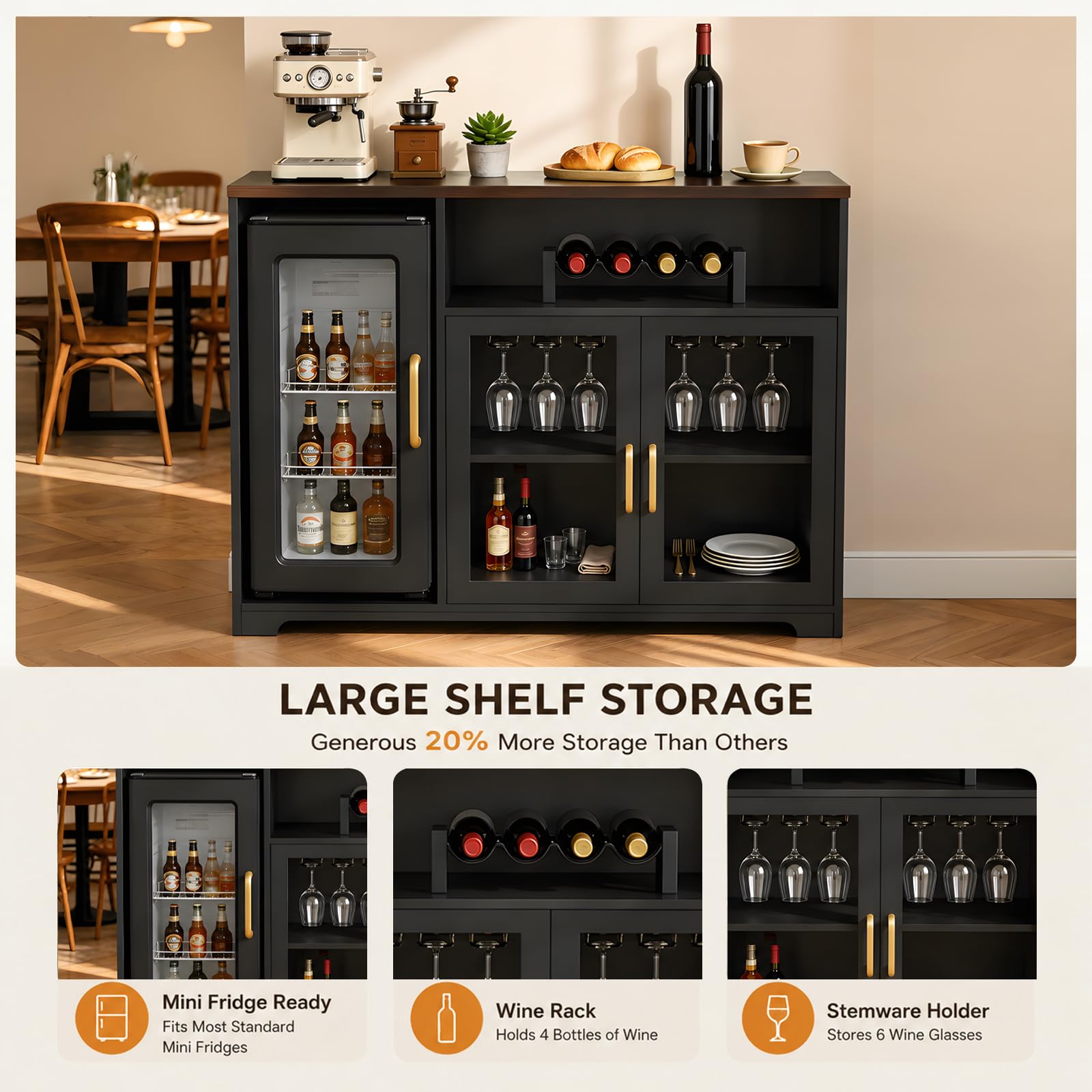 Wine Bar Cabinet with LED Light & Power Outlets, Coffee Bar Cabinet With Fridge Space, MDF Liquor Cabinet with Wine Rack, Glass Holder, Aluminum Alloy Handle, Mini Bar For Home, Kitchen (Black)