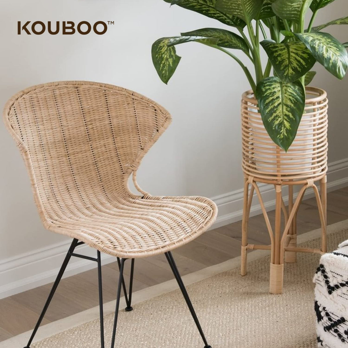 Kouboo Rattan Two-Tier Plant Stand, Indoor Boho Planter Shelf, Medium Brown