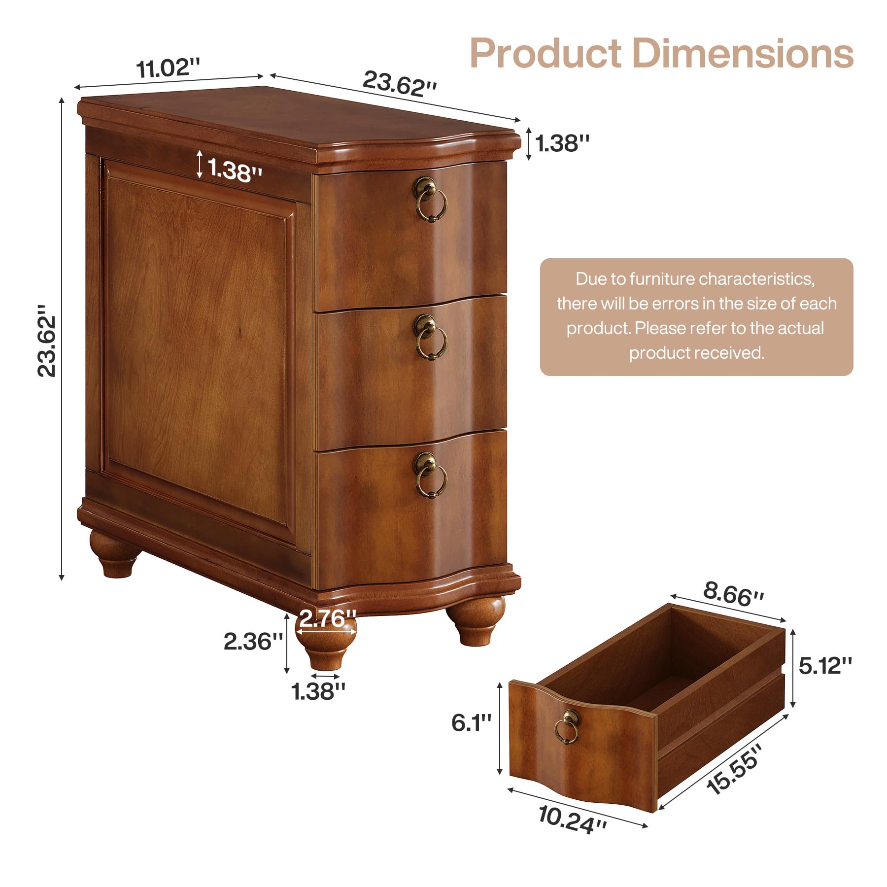 Tribesigns Wood Fully Assembled End Table, 3-Drawers Narrow Slim Side Table, No Assembly Required, Nightstand for Bedside, Small Spaces, Living Room, Bedroom, Walnut Brown