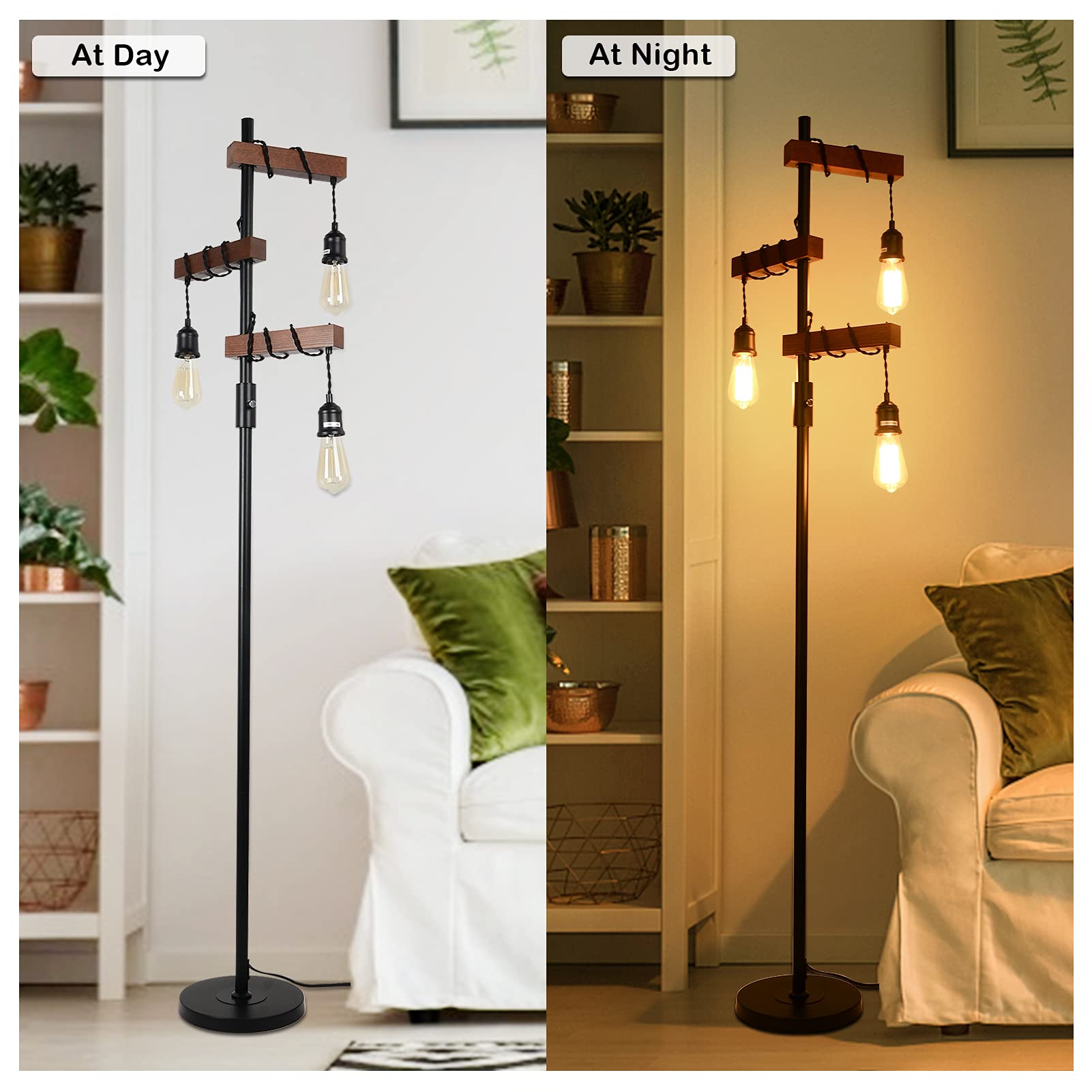 3-Head Wood Floor Lamp with Dimmable Switch