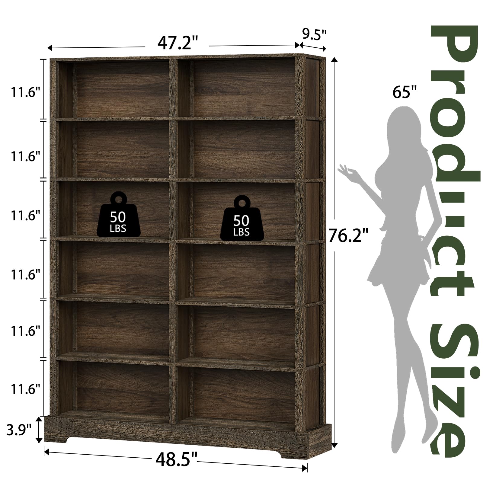 TVU 5-Tier Wood Book Shelf, 47" Wide Large Bookcase and Bookshelf, 64" Tall Bookcase with Storage, Freestanding Wood Display Book Shelves for Living Room, Home Office, Walnut