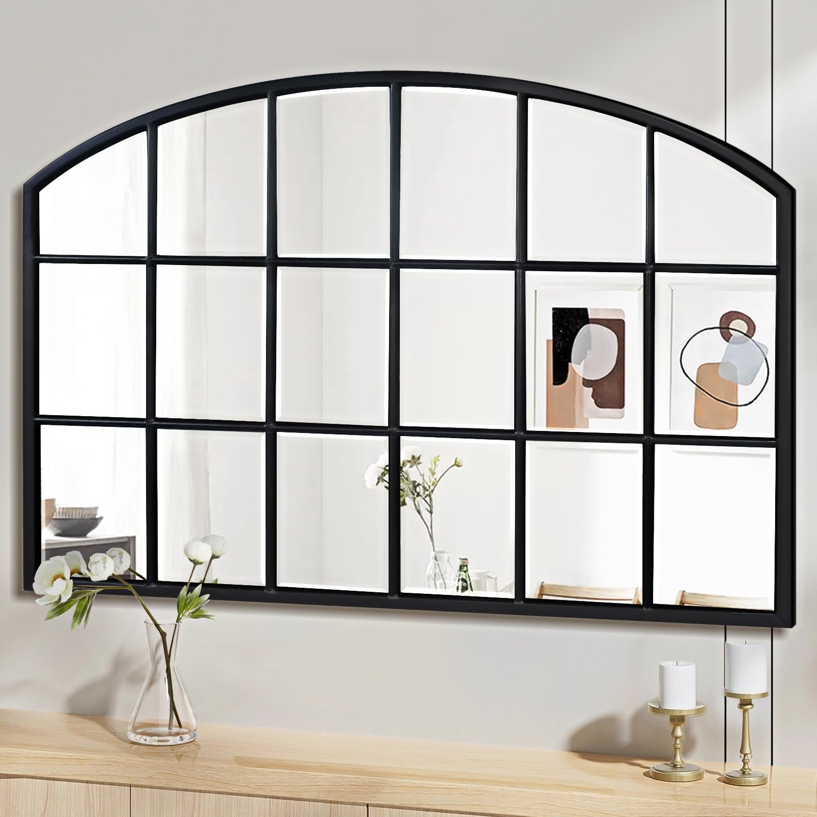 Arched Window Wall Mirror – Black Wood Frame, 44"x28"