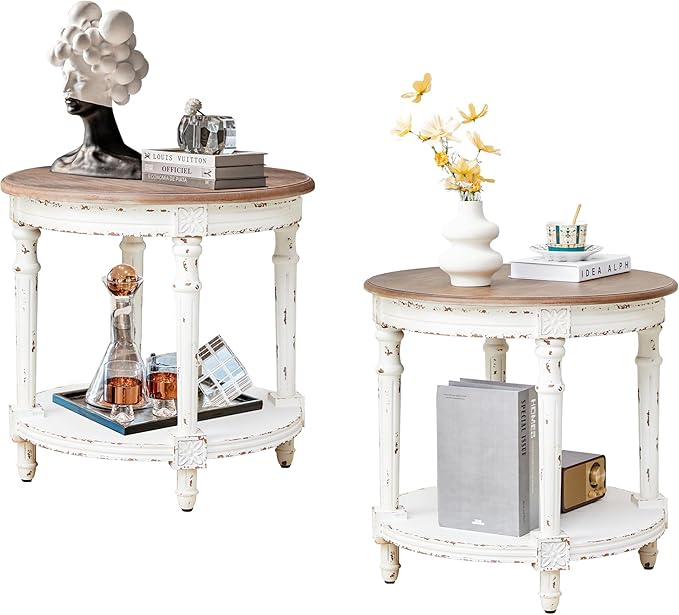 Round 2-Tier End Table, 23.6" Vintage French Country Side Table