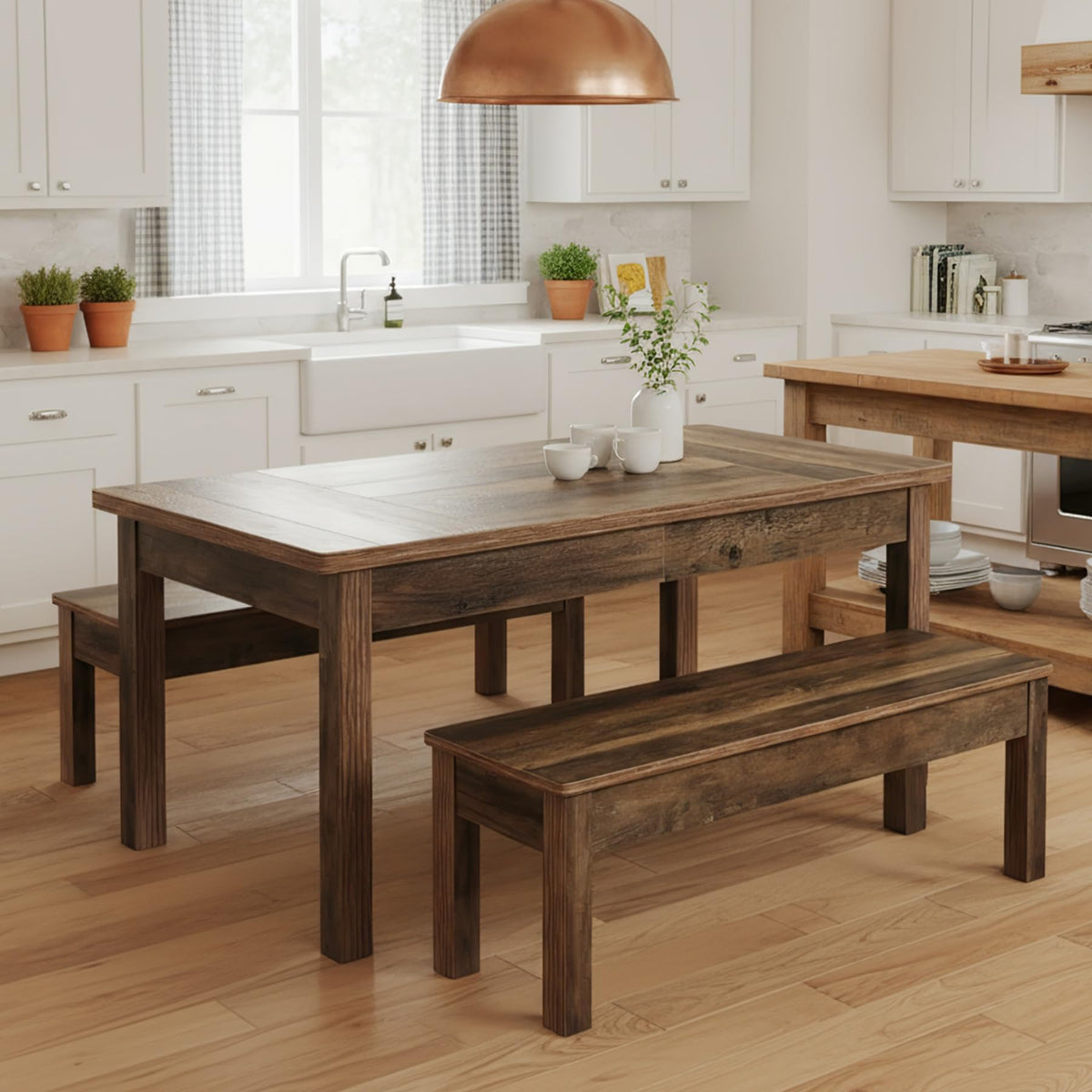 Tribesigns 55" Farmhouse Kitchen Table with 2 Dining Benches, Space Saving Dining Table Set for 4-6, 3 Pieces Wooden Dinette Set for Small Space, Restaurant, Breakfast Nook