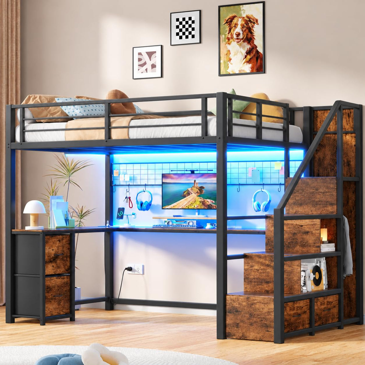 Queen Size Loft Bed with L-Shaped Desk and Storage Stairs, Rustic Brown