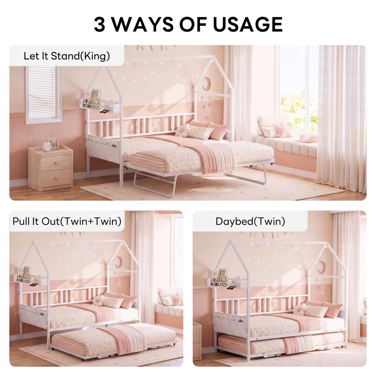 LIKIMIO Daybed with Trundle, House Shaped Twin Bed Frame,White