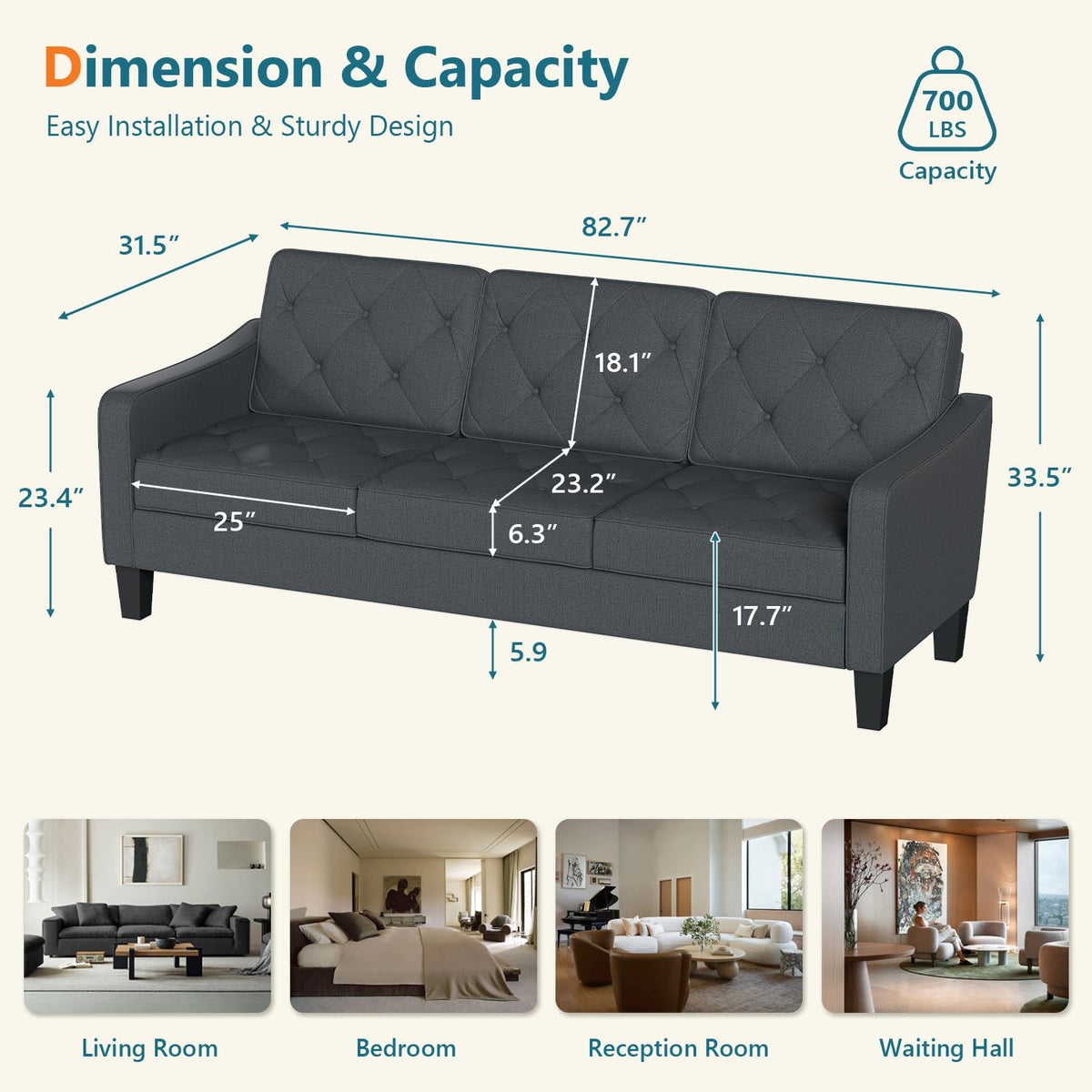 3-Piece Dark Grey Tufted Sofa Set