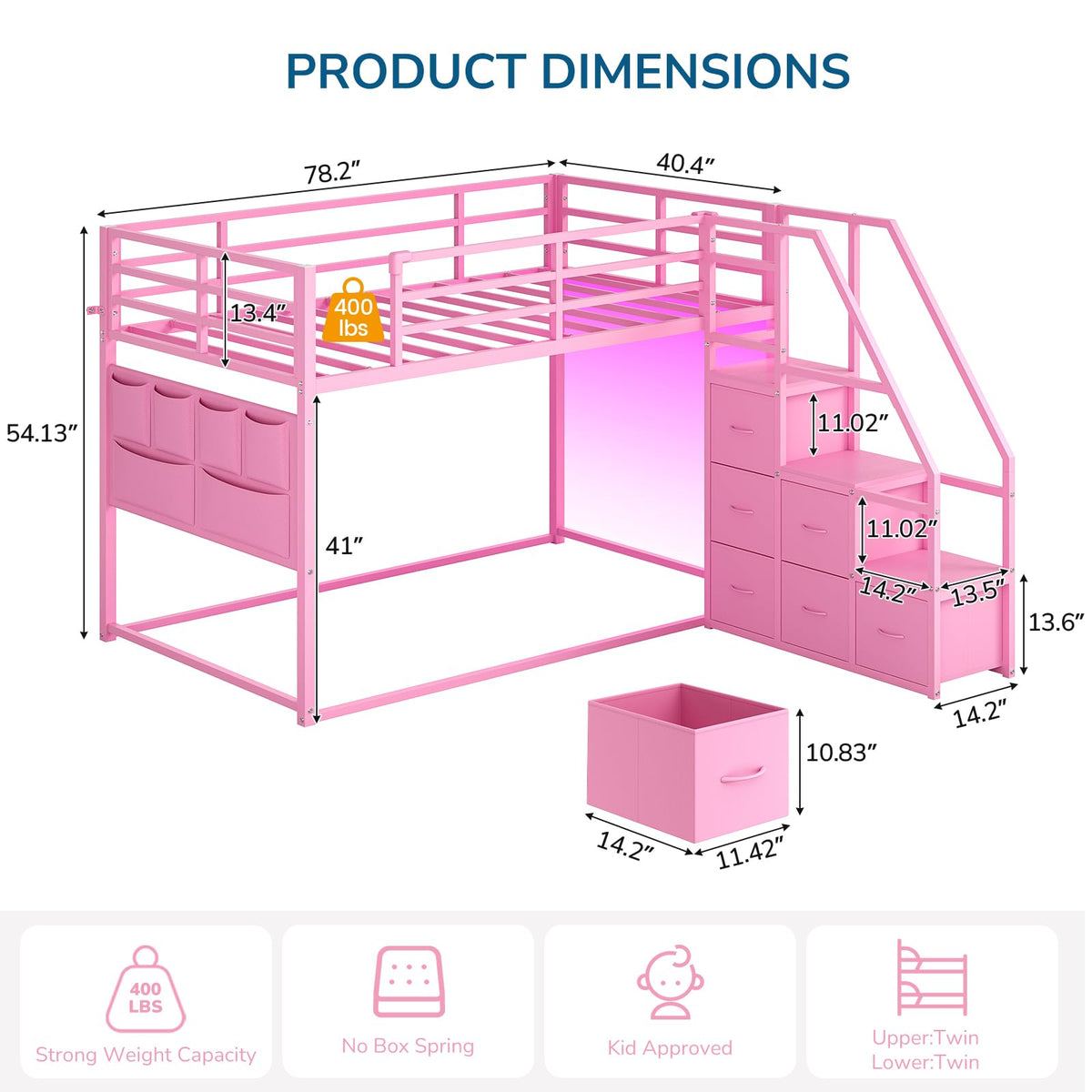 Twin Bunk Bed with Storage & LED Lights