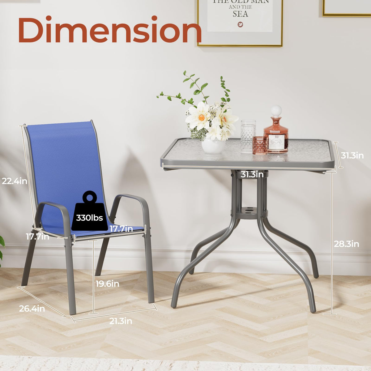 TLSUNNY 5 Pieces Patio Dining Set for 4, Glass Table and Textilene Chair