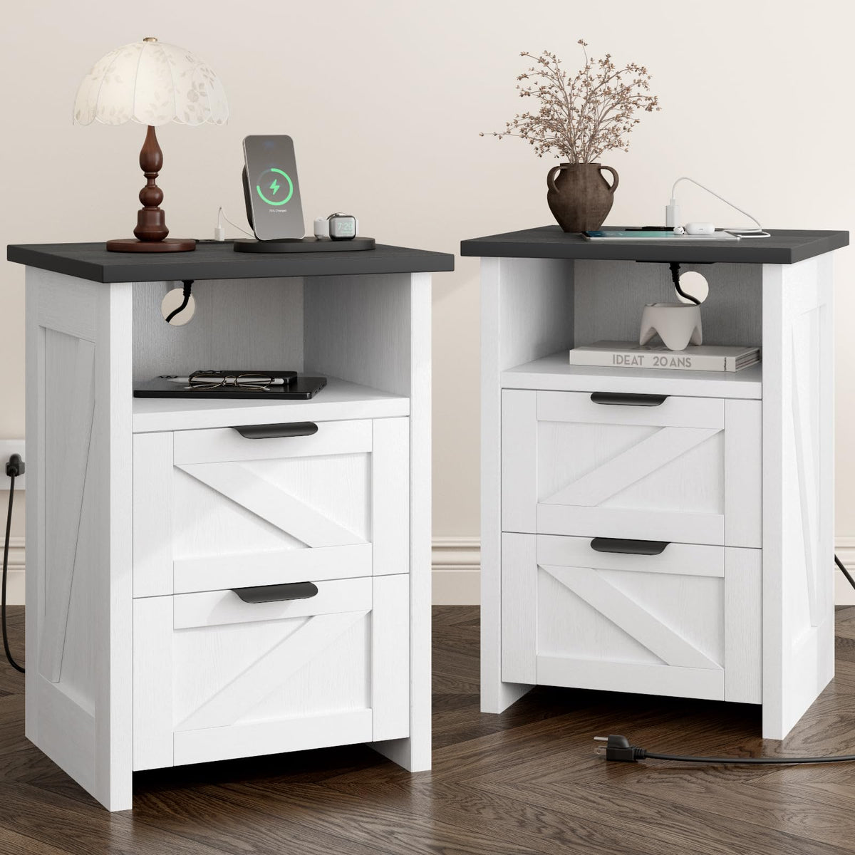 AURINEST Farmhouse Night Stand Set of 2 with Charging Station, Bedside Table w/2 Drawers & Storage, Rustic End Tables for Bedroom, Living Room, Small Spaces, Home Office, White