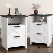 AURINEST Farmhouse Night Stand Set of 2 with Charging Station, Bedside Table w/2 Drawers & Storage, Rustic End Tables for Bedroom, Living Room, Small Spaces, Home Office, White
