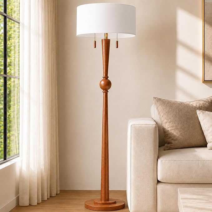 Solid Oak Wood Floor Lamp with Drum Shade