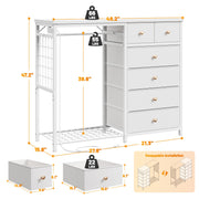 EnHomee 49.2" W Dresser with Hanging Rack & 6 Fabric Drawers for Bedroom, Featuring LED Lights and Charging Station, White Fabric Dressers & Chest of Drawers with Grid Panel & 4 Hooks, Wooden Top