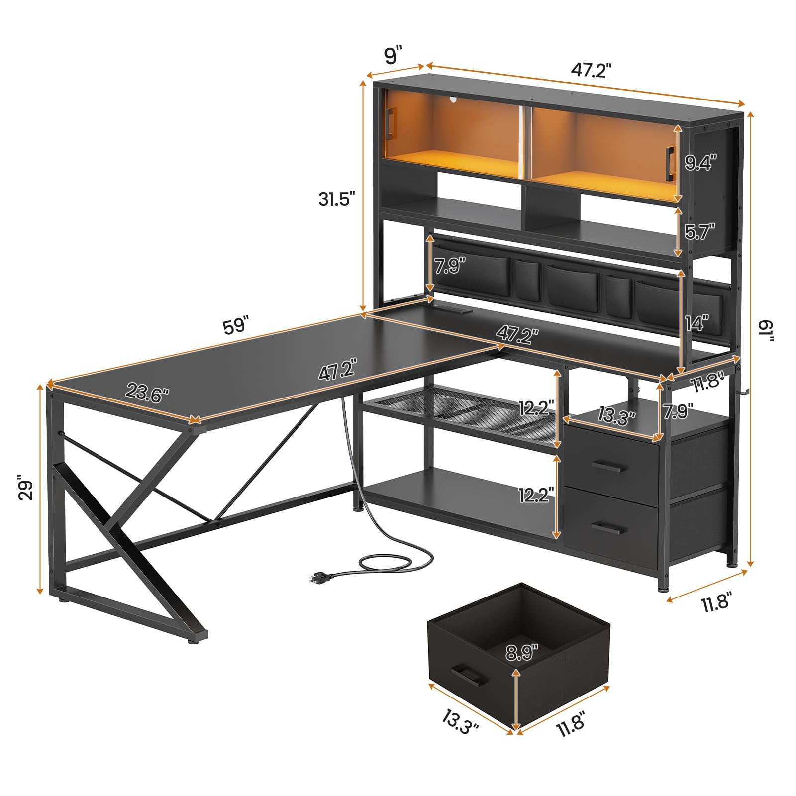 L-Shaped Gaming Desk with Bookshelf & LED Light