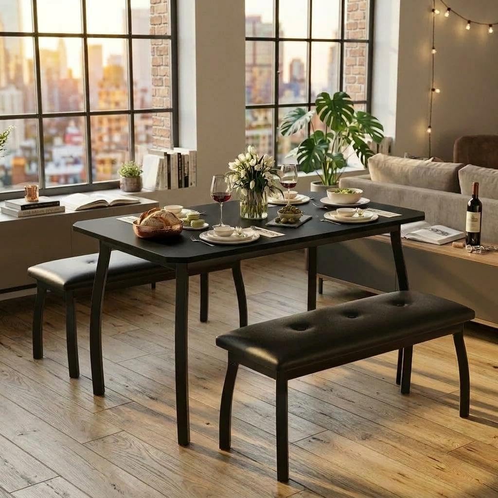 GAOMON 3-Piece Dining Table Set for 4, Industrial Kitchen Table with 2 PU Leather Benches, Engineered Wood Top & Metal Frame, Space-Saving Dinette Set for Dining Room, Apartment, Home，Black