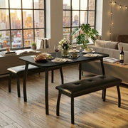 GAOMON 3-Piece Dining Table Set for 4, Industrial Kitchen Table with 2 PU Leather Benches, Engineered Wood Top & Metal Frame, Space-Saving Dinette Set for Dining Room, Apartment, Home，Black