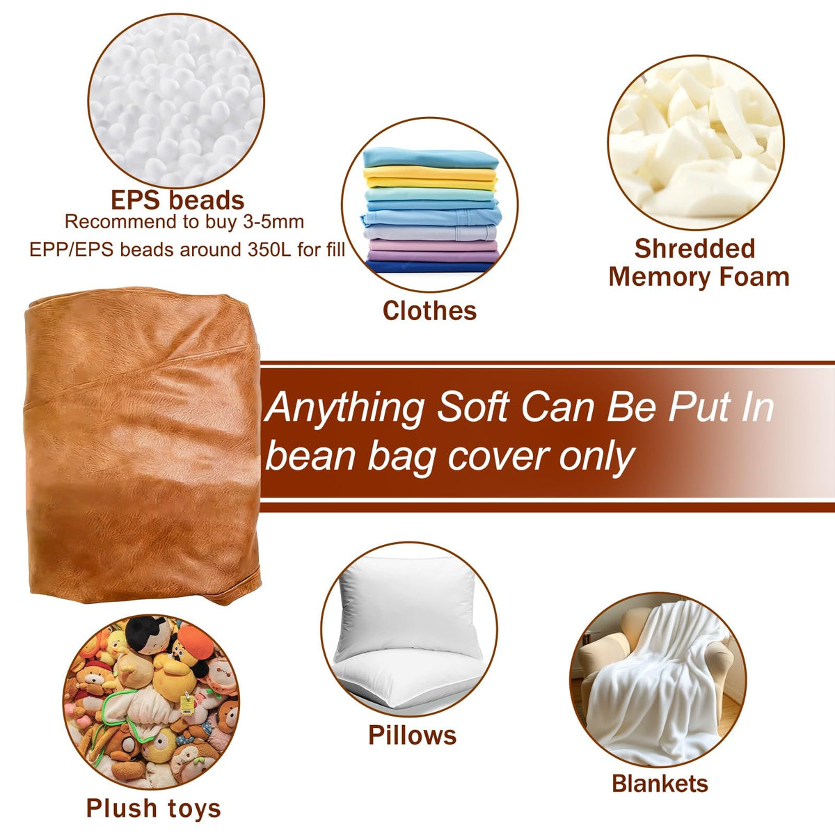 Bean Bag Chair Cover PU Leather Bean Bag Without Filler Beanbag Couch Pouf Sofa Case No Filling Adults Beanbag Chair Lazy Armchair Couch Floor Seating Living Room Furniture (Color : Dark Coffee, Siz