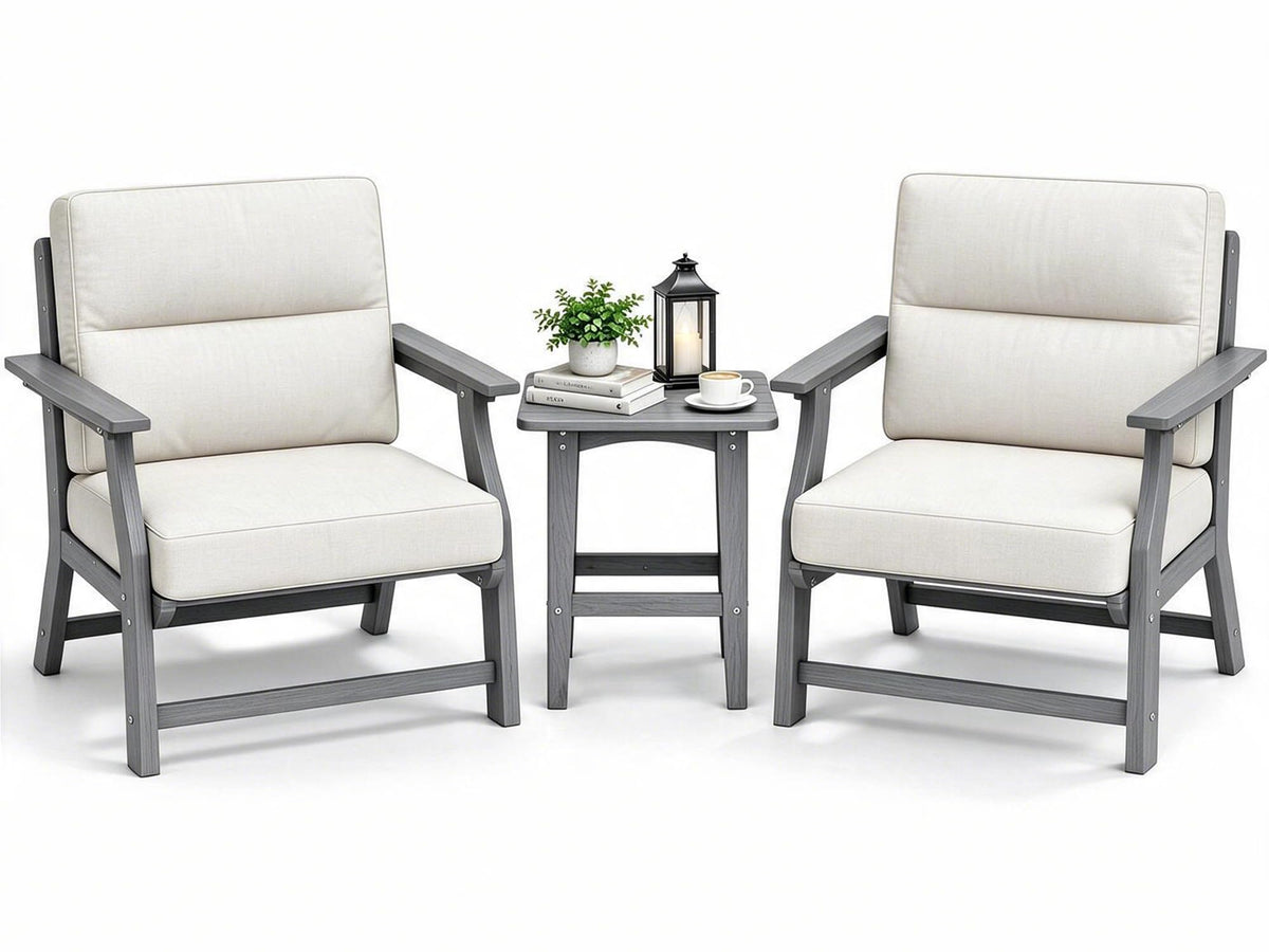 Polyhouz 3 Piece Patio Bistro Set, Outdoor Table Chairs with Cushion, Grey
