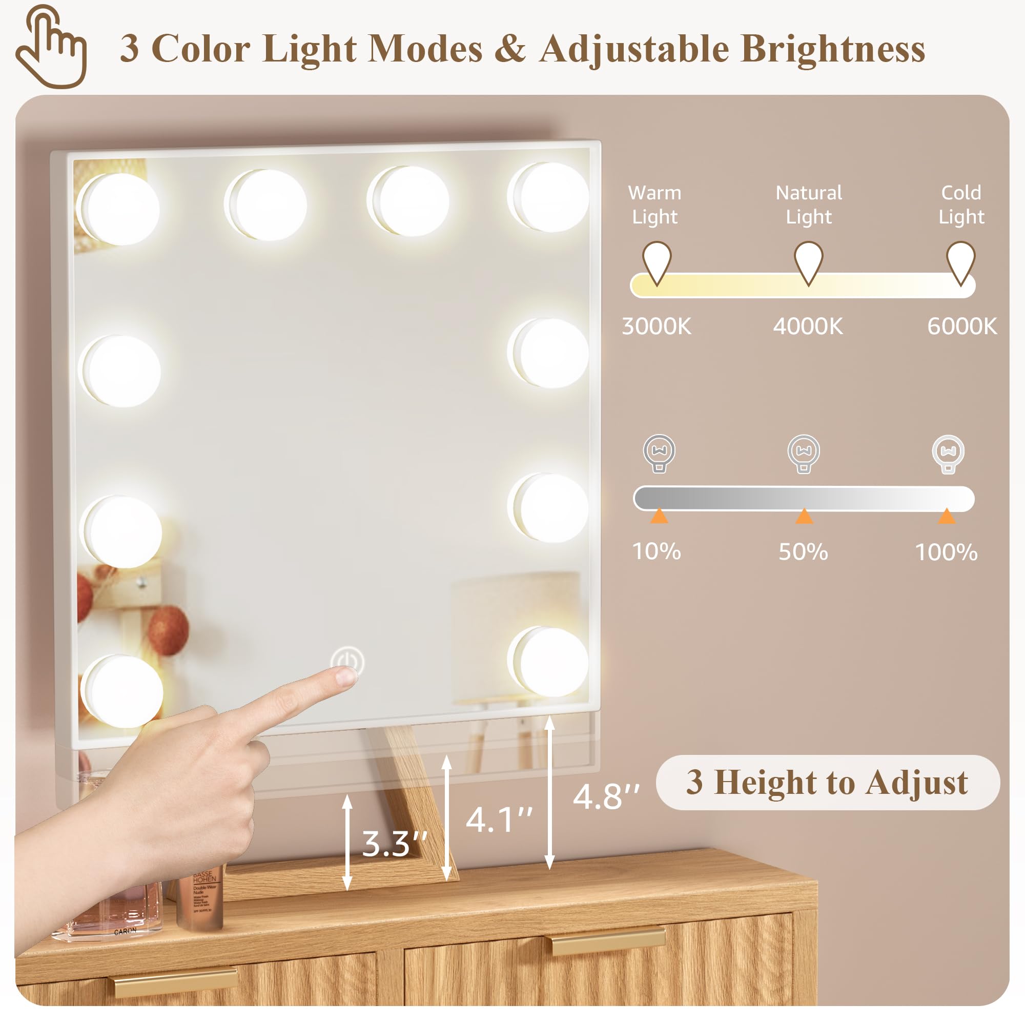 BOLUO Small Vanity Desk with Hollywood Mirror and Lights, Girls Vanity with Stool, Fluted Vanity Set, Compact Make Up Table with Drawers and Outlet Bedroom