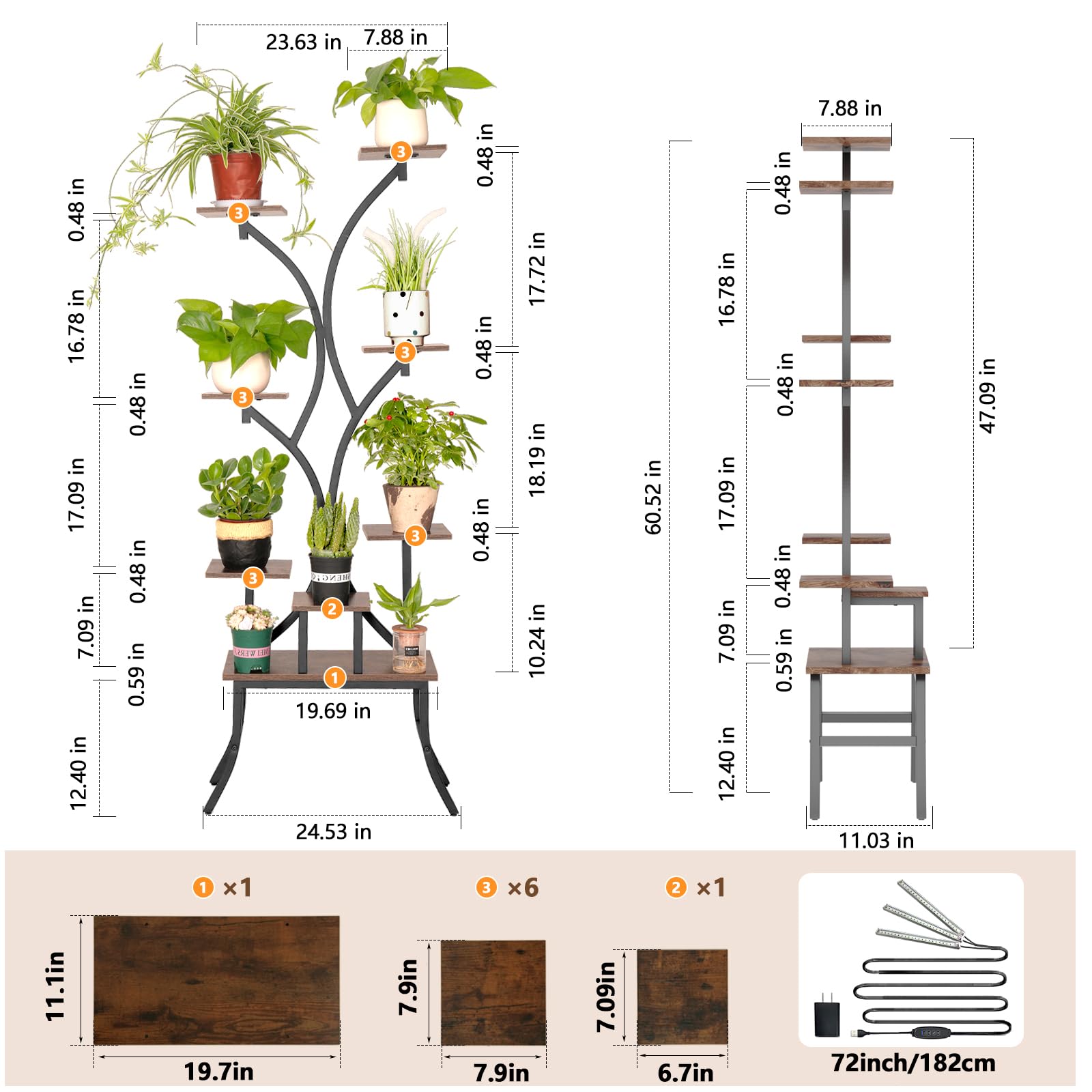 Multi-Tier Plant Stand with Grow Lights, 62" Tall