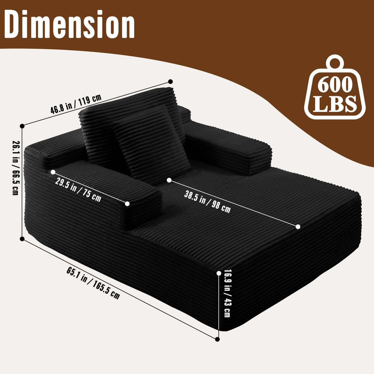 Meqiodas 65 Inch Oversized Indoor Chaise Lounge,Black