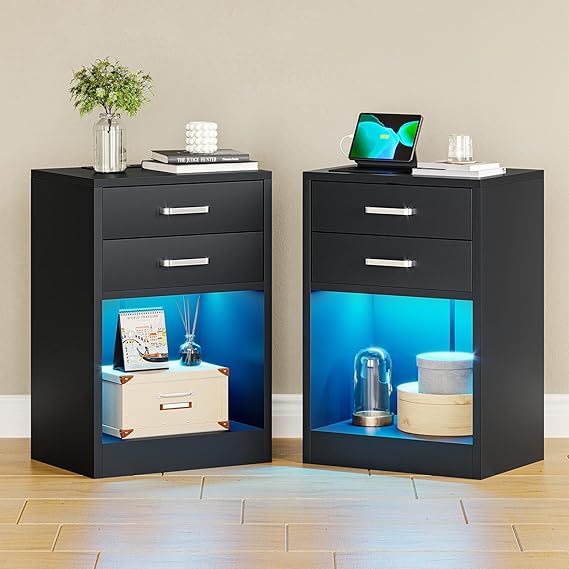 LED Nightstands with Charging Station & Drawers, Set of 2