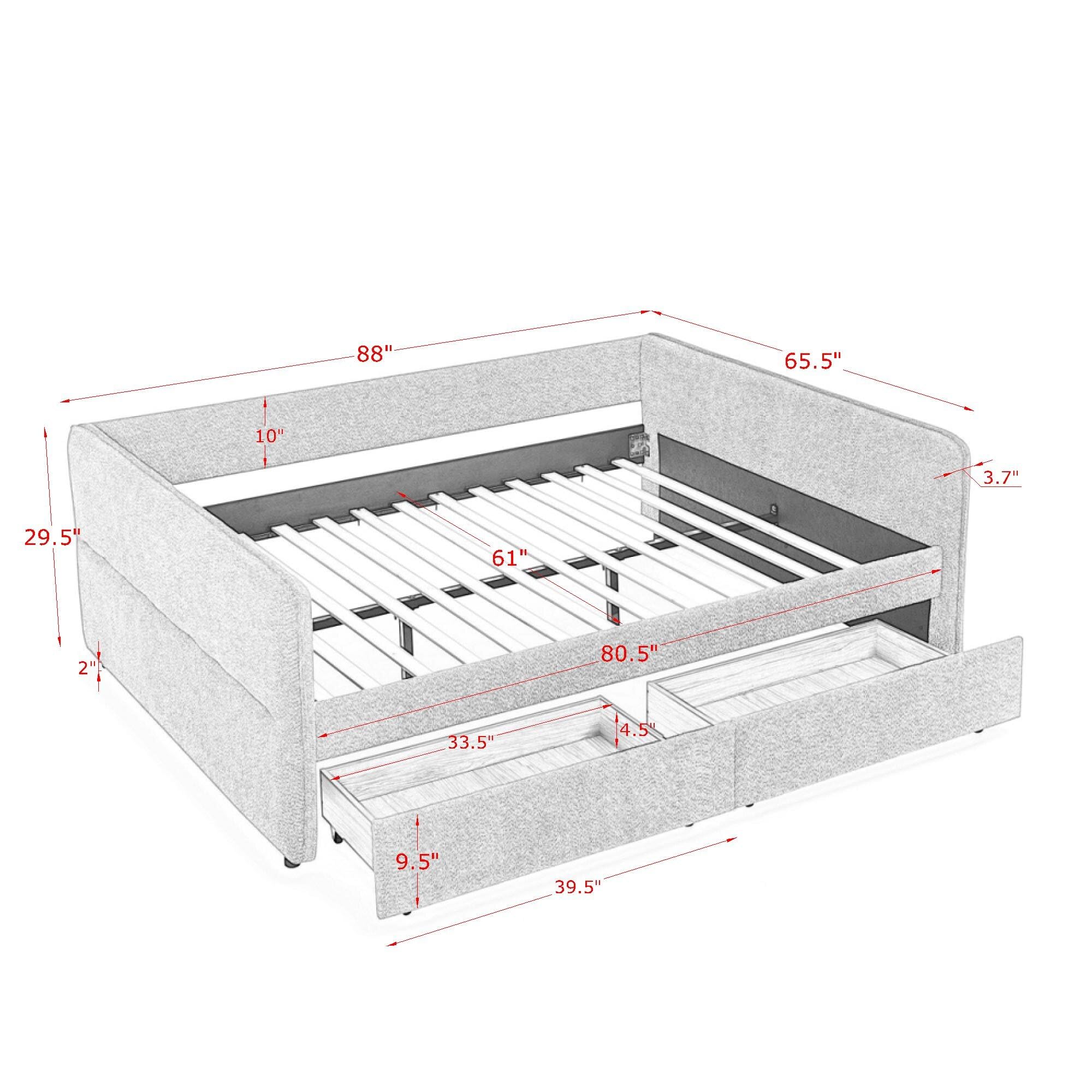 Ball & Cast Queen Size Daybed with Storage Drawers, Upholstered Day Bed Frame with Wood Slats Supports, No Box Spring Needed,Easy Assembly,Boucle Fabric,Grey