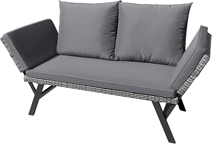 Outdoor Convertible Rattan Sofa Bed with Adjustable Armrests