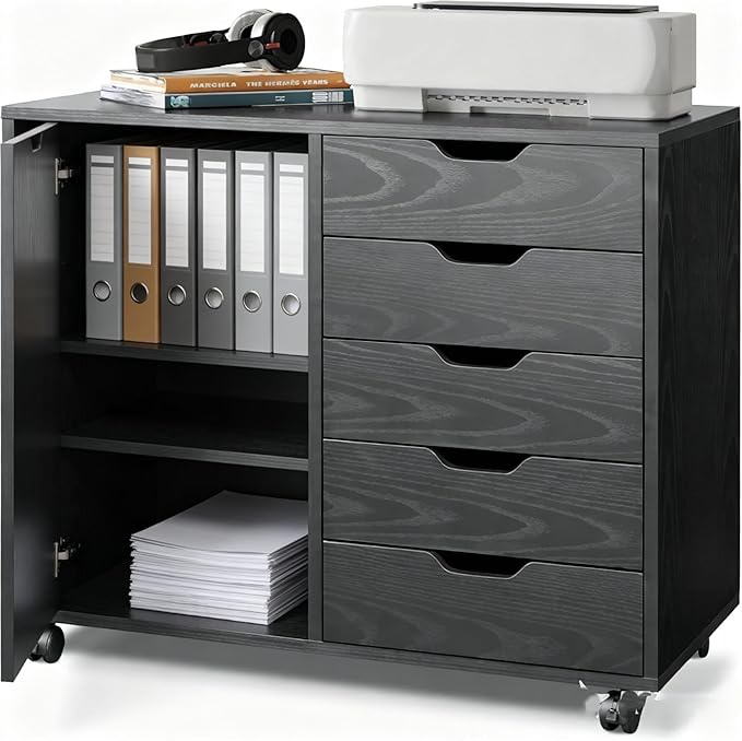 5-Drawer Storage Cabinet with Wheels & Adjustable Shelf
