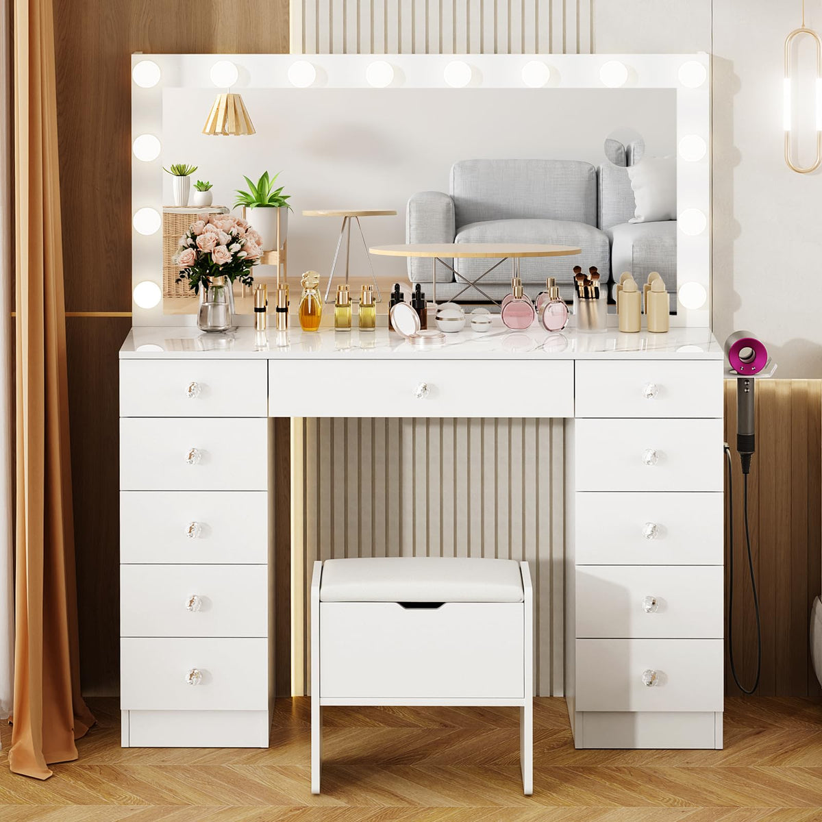 VOWNER Vanity with Lighted Mirror - 46" Makeup Vanity Desk with 11 Drawers
