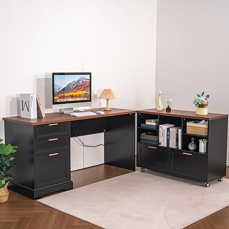 L-Shaped Executive Desk with File Cabinet & Charging Station