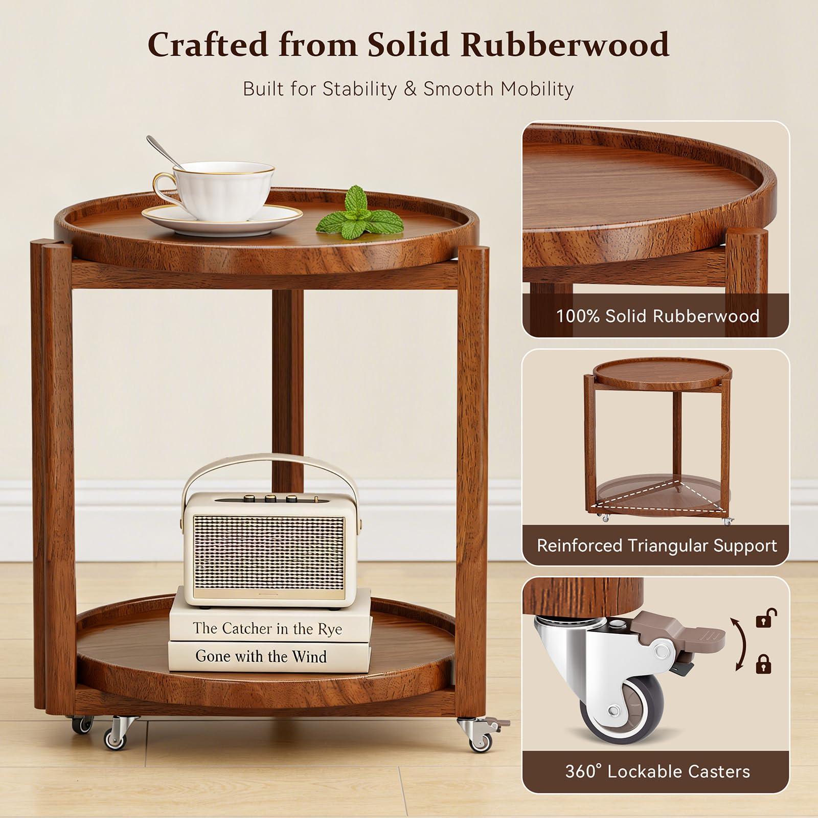 Round Rolling Side Table with Storage Shelf