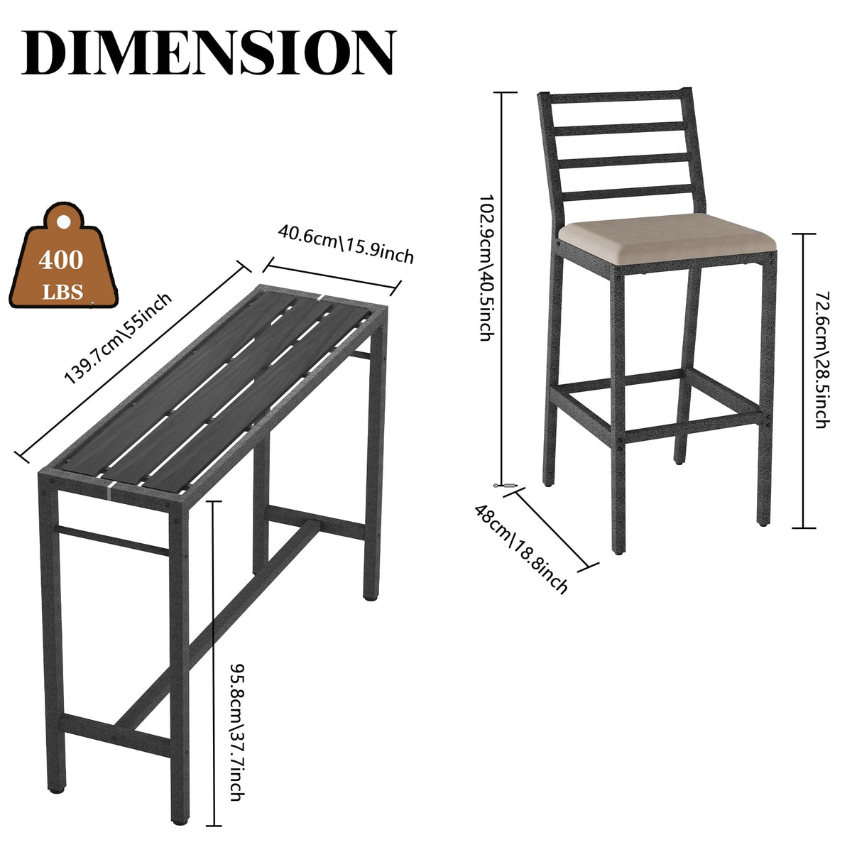 3Pcs Outdoor Patio Bar Set, 55" Rectangular High Top Table & Chair Set