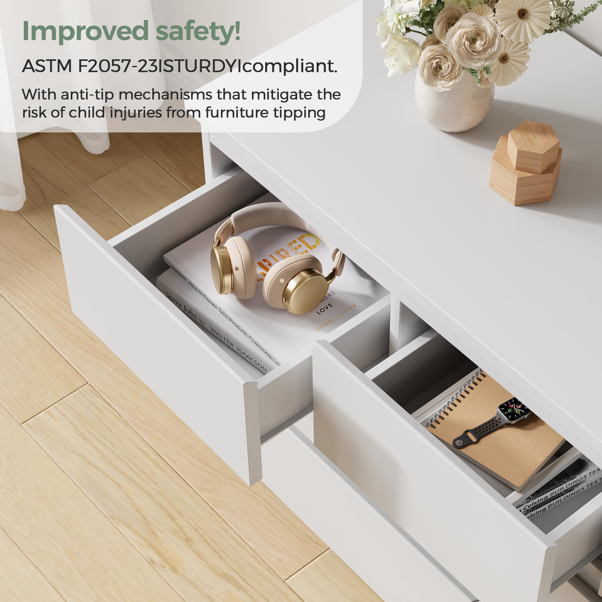 Orgobysol White 7 Drawer Dresser for Bedroom,Modern Wood Chest of Drawers,Closet Clothes Storage Organizer with Deep Drawers for Living Room Hallway Entryway,Nursery (15.3" D x 47.2" W x 32.3" H)