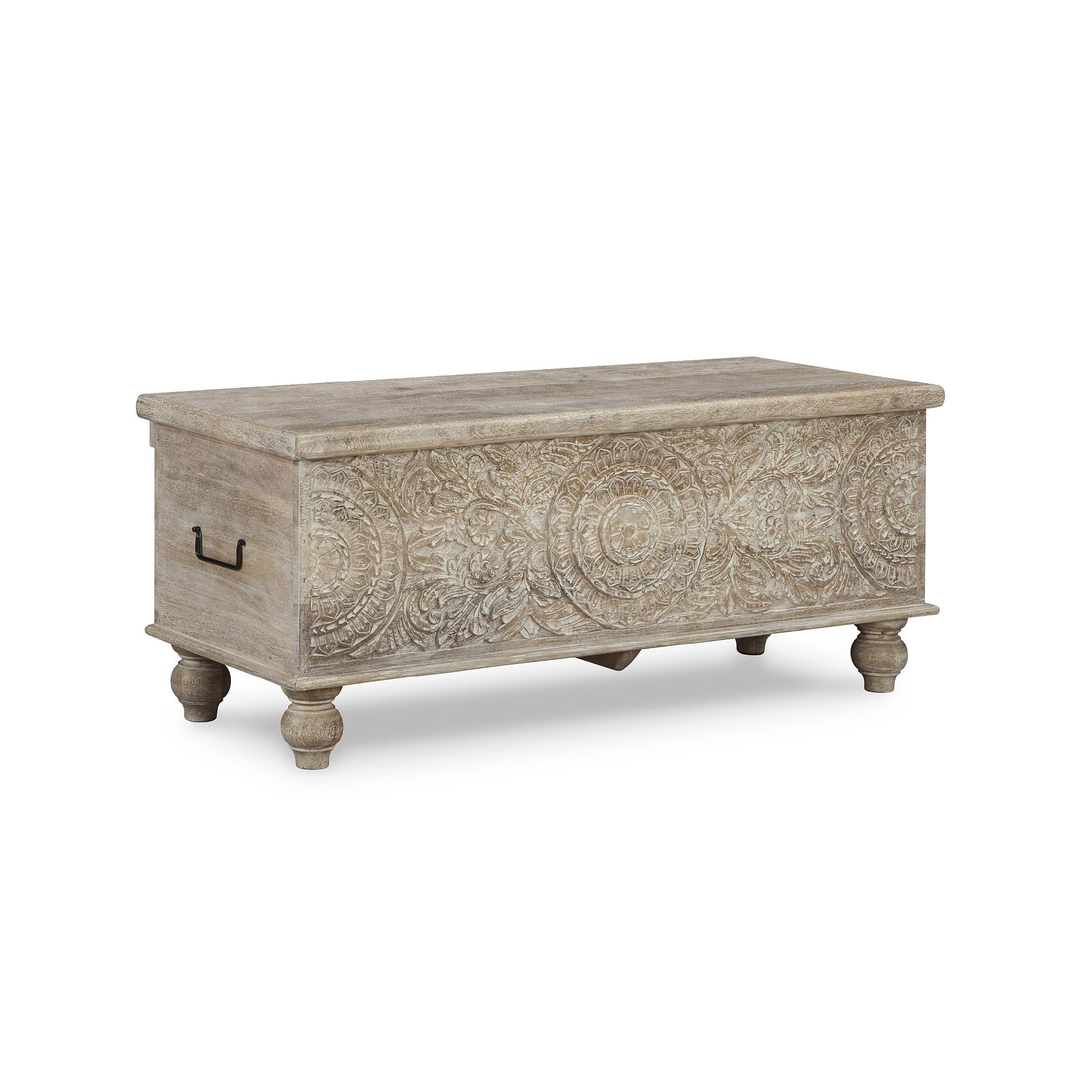 Boho Carved Wood Storage Bench with Hinged Top