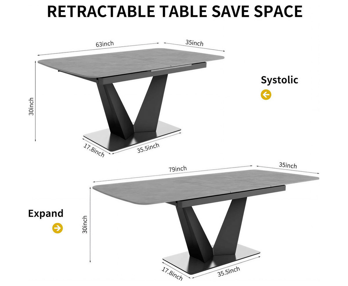 Extendable Sintered Stone Dining Table, 79 Inch, 1 Table + 6 Chairs