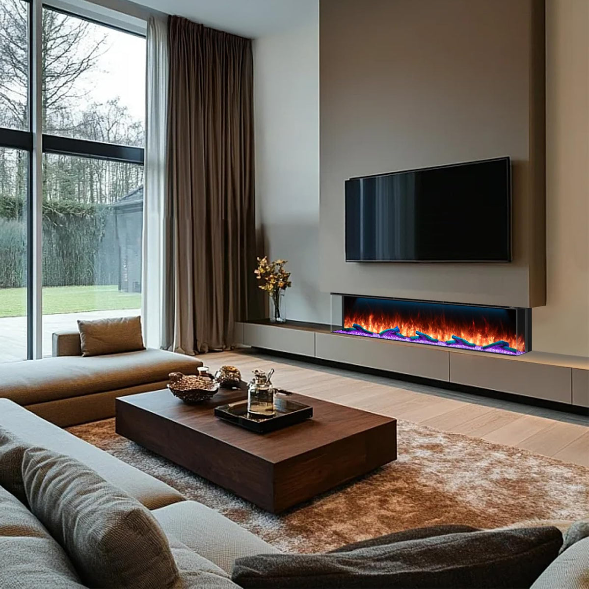 80 Inch 3 Sided Electric Fireplace, Smart Linear Fireplace Heater with 3D Realistic Flames/Ember/Ambient, LED Color Cycle, Timer, Crackling Sound, 1500W/750W, Recessed