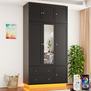 Tall Armoire Wardrobe Closet with Mirror & Motion Sensor Light