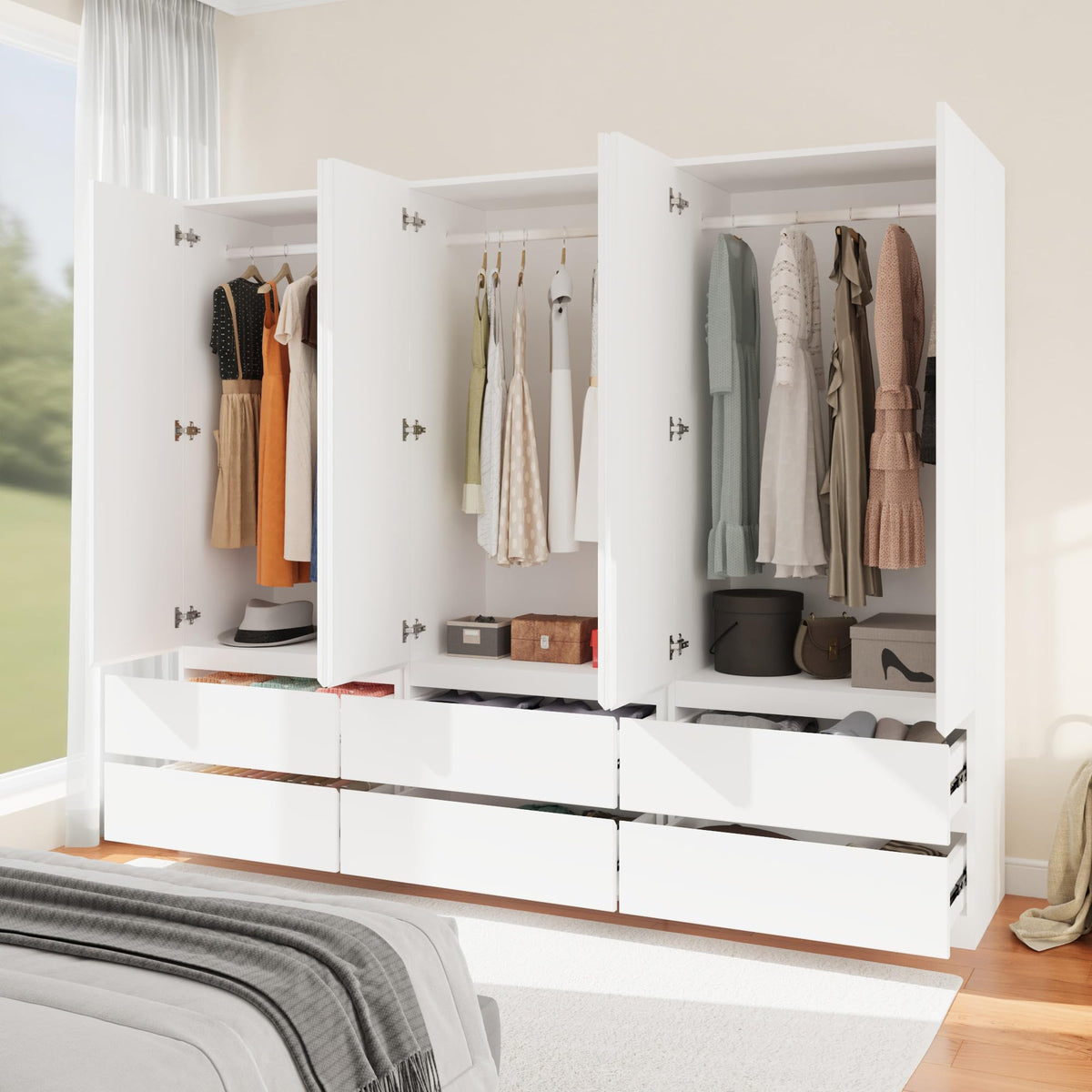Jiaoun Armoire Wardrobe Closet with 6 Doors, Wooden Wardrobe Cabinet with 6 Drawers, Hanging Rod & Shelves, Freestanding Closets for Bedroom (White, 3)