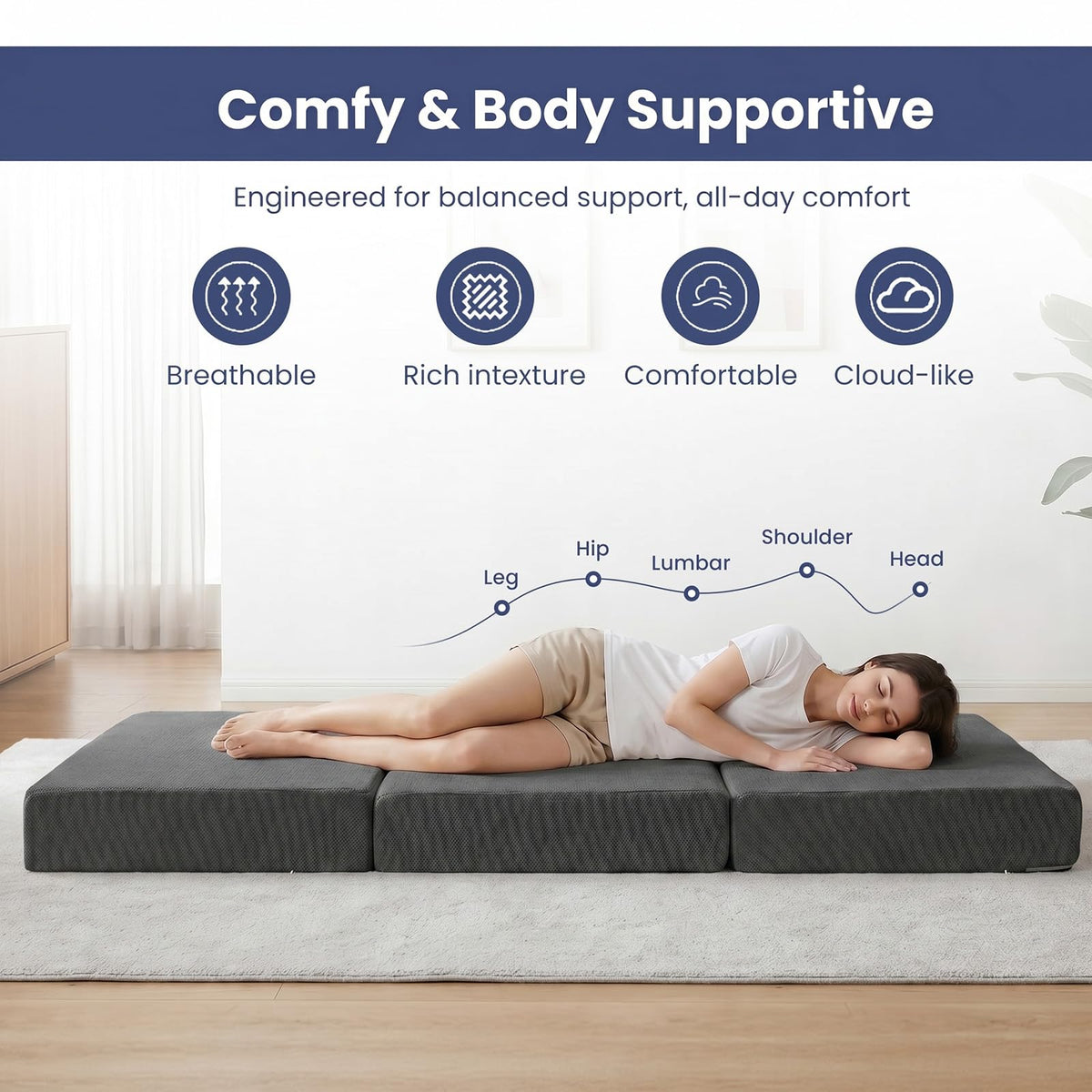 JUIKURY Cool & Breathable Chenille 6 Inch Memory Foam Foldable Futon Sofa Bed with Handles & Non-Slip Bottom, Covertible Sofa Bed for Guest, Camping, Dorm