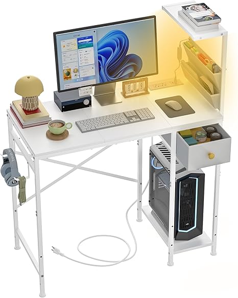 L-Shaped Gaming Desk with LED Lights & Power Outlets