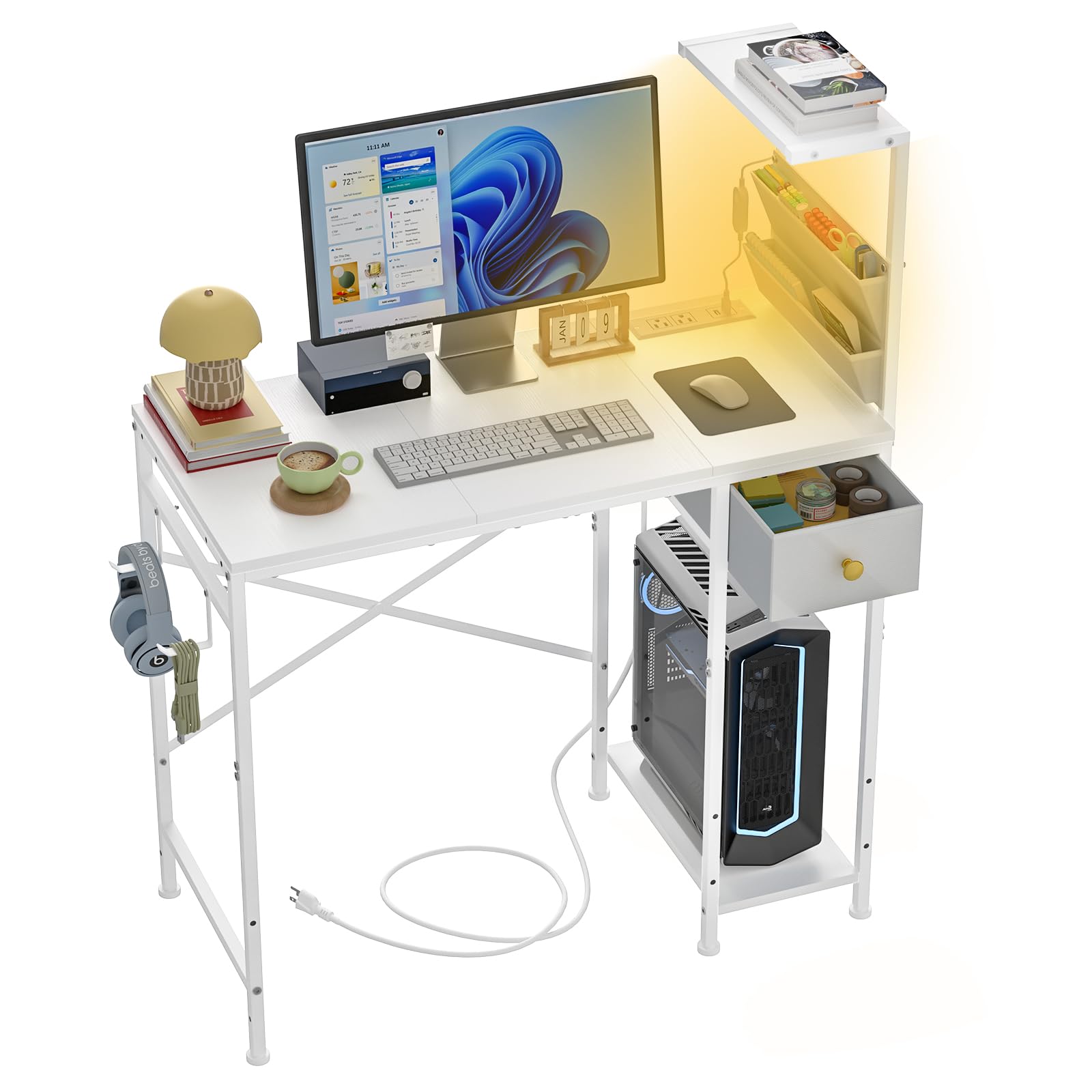 L-Shaped Gaming & Office Desk with LED Lights & Power Strip